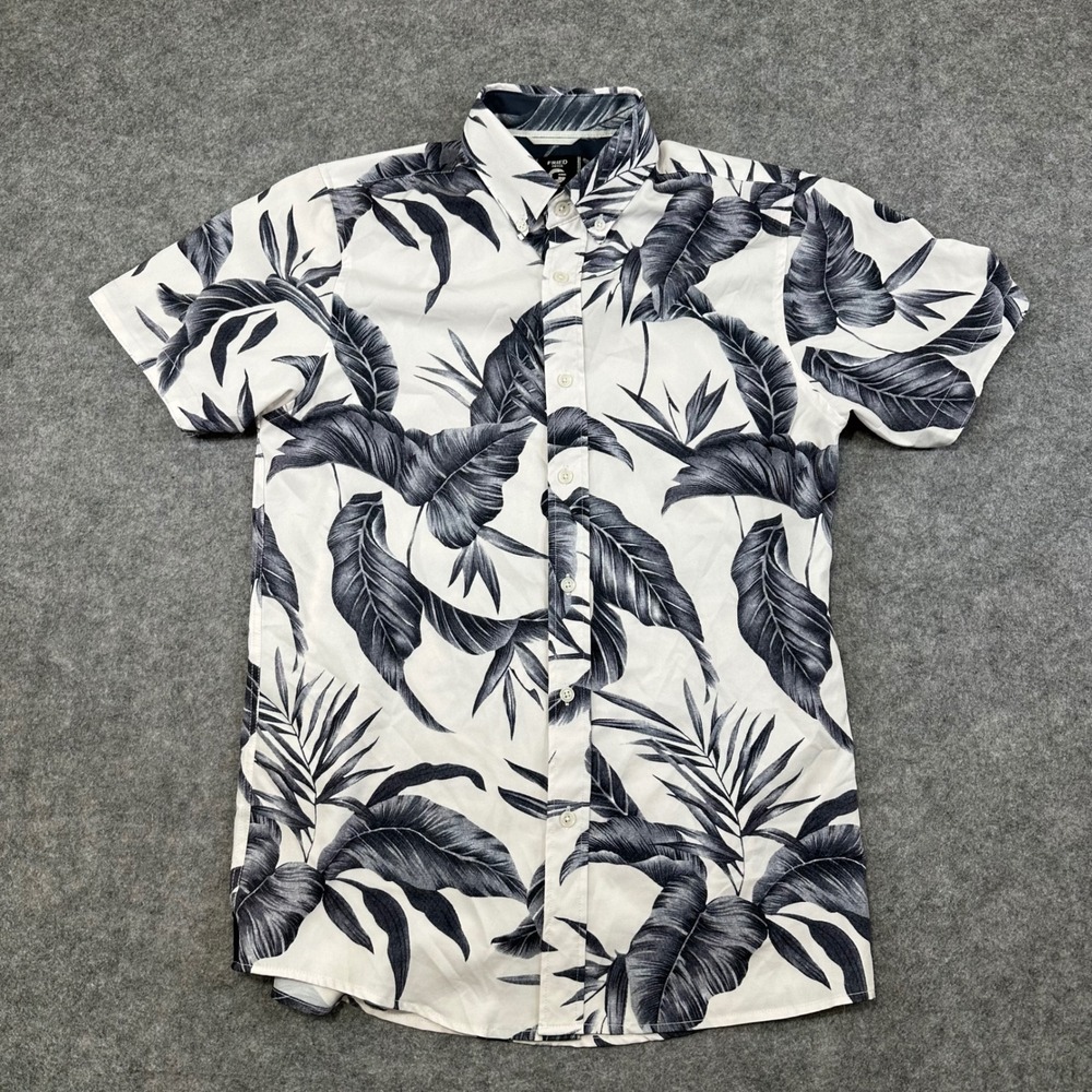 Fried Denim Button Up Shirt Mens Small White Tropical Palm Leaf Slim‎ Fit Casual
